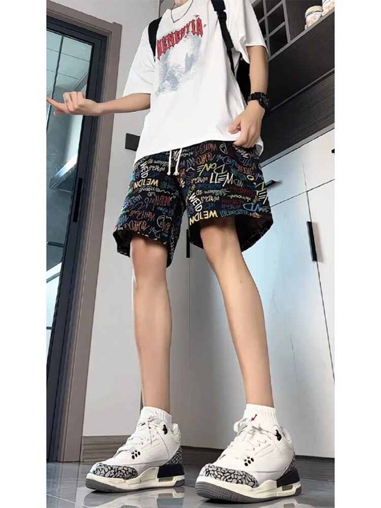 American Graffiti All-Over Printed Shorts Men's Summer Hawaiian Cleanfit Quick-Drying Pants Straight Loose Five-Quarter Pants