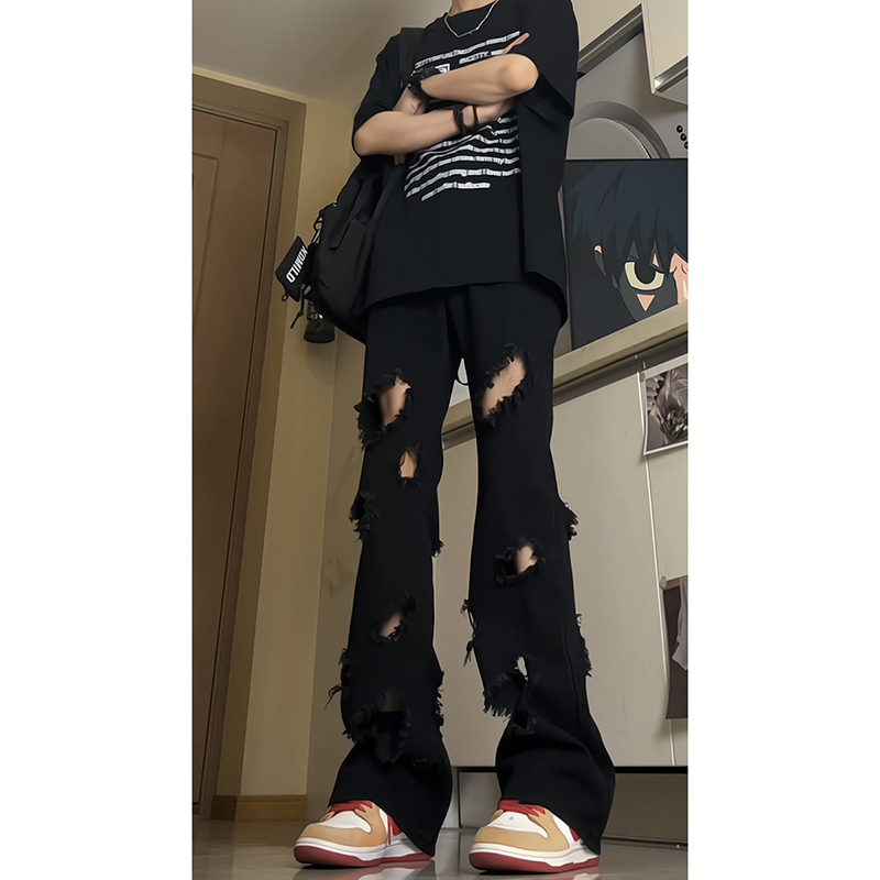 American-Style Black Ripped Jeans for Men, Summer Trendy Brand Distressed Pants, Slim Straight-Leg Frayed Micro-Flared Pants