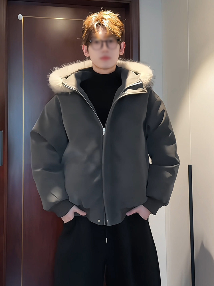 American-Style Hooded Pu Leather Parka down Jacket for Men, Winter Detachable Fur Collar Coat, Thickened Warm Workwear Cotton-Padded Jacket