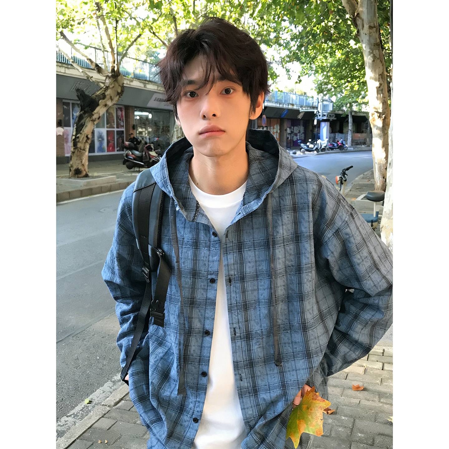 蓝色户外轻薄防晒衬衫男生春夏长袖格子衬衣vintage连帽防晒外套