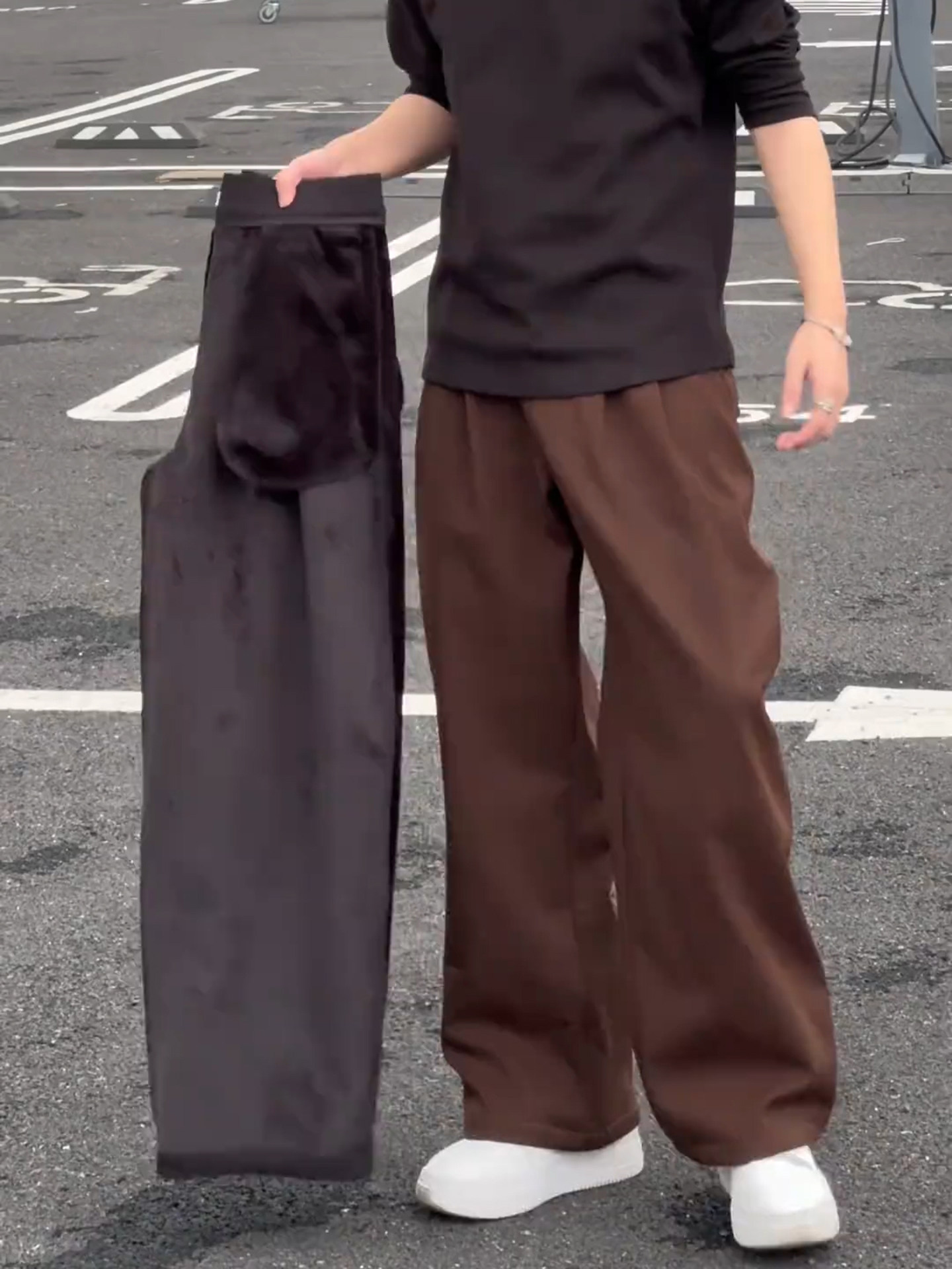 Brown Pleated Wide-Leg Fleece-Lined Dress Pants for Men, Autumn and Winter, Melard Style, Cool and Stylish Pants with Drape, Straight-Leg Casual Pants