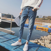 Spring and autumn hole nine points jeans mens fashion brand Slim small feet long pants Korean trend Joker Thin Thin Thin