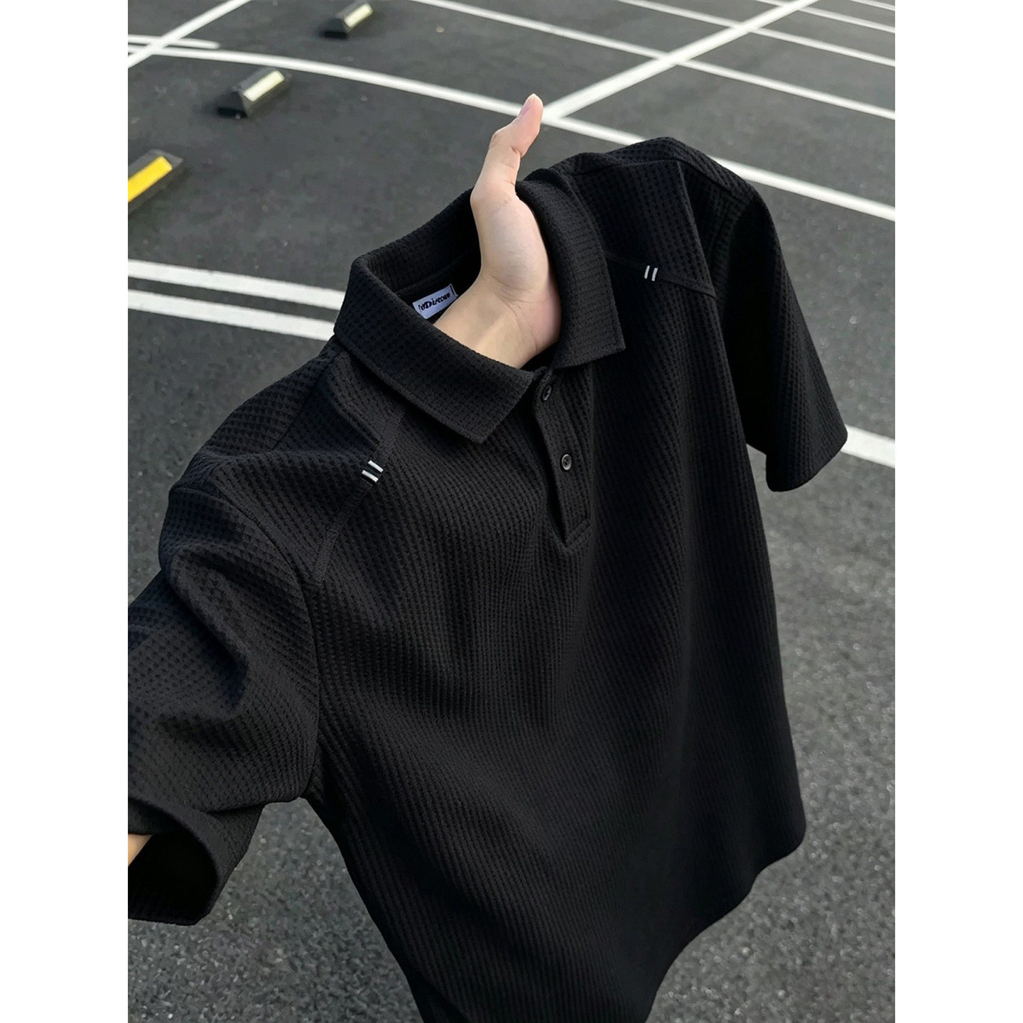 Black American Waffle short-sleeve Polo shirt, men's summer embroidered turn-down collar T-shirt, high-end sporty short sleeve
