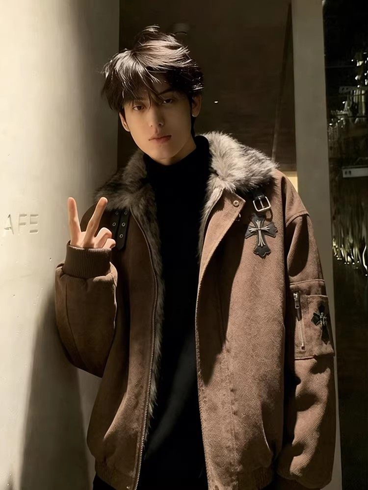 American Retro Style Mountain Carving Cotton Jacket for Men, Winter Cross Fur Collar Work Jacket, Thickened and Warm Cotton Coat