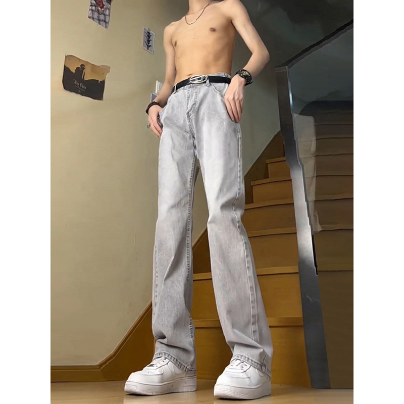 アッシュセメントカラーベルトジーンズメンズトレンドユースサマーootdパンツハイウエストナローバージョンストレートパンツ