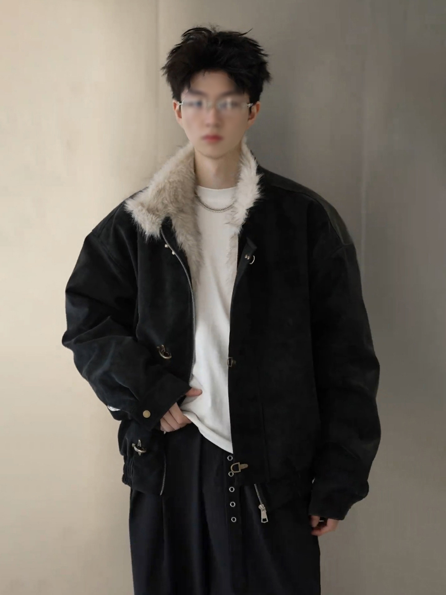 American-Style Aviator Buckle Collar Shearling Jacket for Men, Winter Fleece-Lined Thickened Pu Leather Cotton Coat, Stand Collar Harrington Jacket