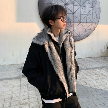 American-Style Polar Wolf Throne Mountain Eagle Fake Two-Piece Cotton Jacket for Men, Winter Fleece-Lined, Thickened, Cold-Proof and Warm Cotton Coat