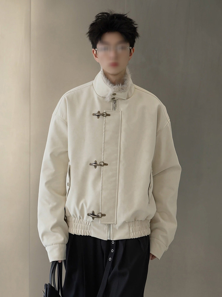 Black American-Style Harrington Leather Jacket, Cotton-Padded Men's Winter Short Jacket with Aviator Buckle, Mountain Carving Design, Fleece-Lined and Thickened