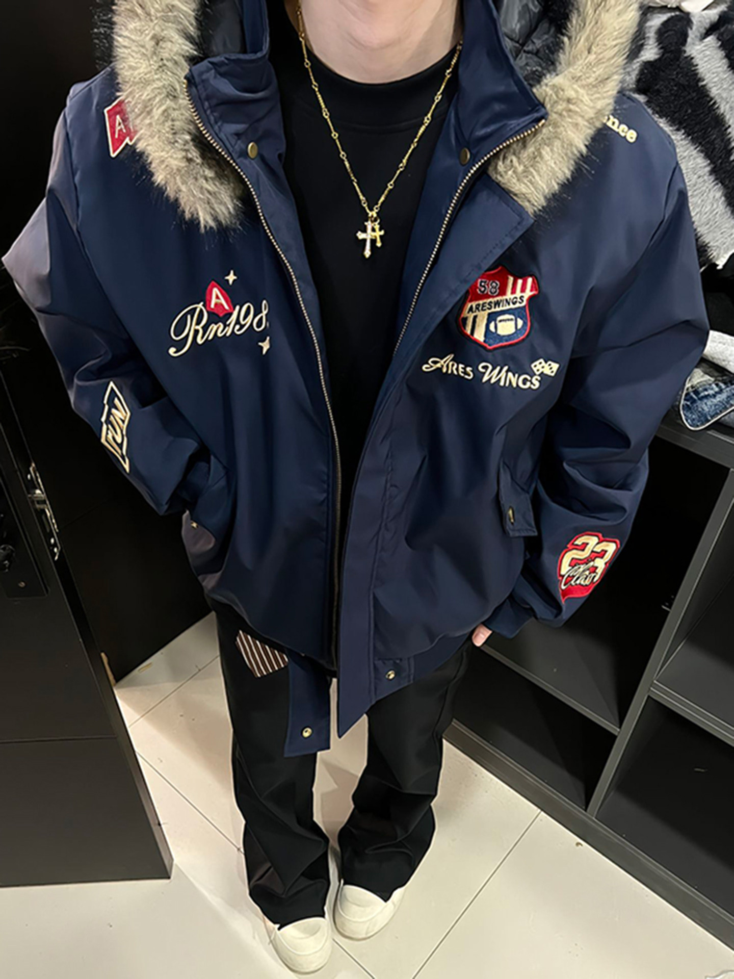 Navy Blue American-Style down Parka Cotton Jacket for Men, Cool and Stylish Outfit Set, Winter Embroidered Fur Collar Coat, Puffer Jacket