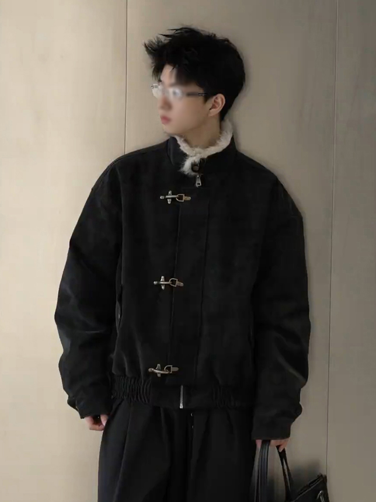 American-Style Aviator Buckle Collar Shearling Jacket for Men, Winter Fleece-Lined Thickened Pu Leather Cotton Coat, Stand Collar Harrington Jacket