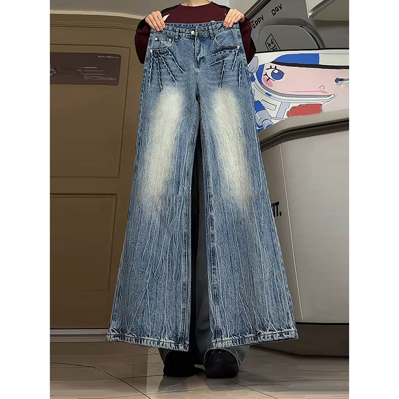 American-Style Ice Blue Lightning Pattern Jeans for Men, Summer Vintage Pants, Height-Enhancing and Slimming, Curved Knife-Shaped Flared Pants