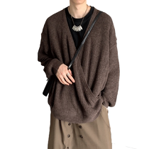 American lazy style V-neck sweater for men in spring and autumn trendy brand cleanfit loose and high-end sense ins versatile sweater