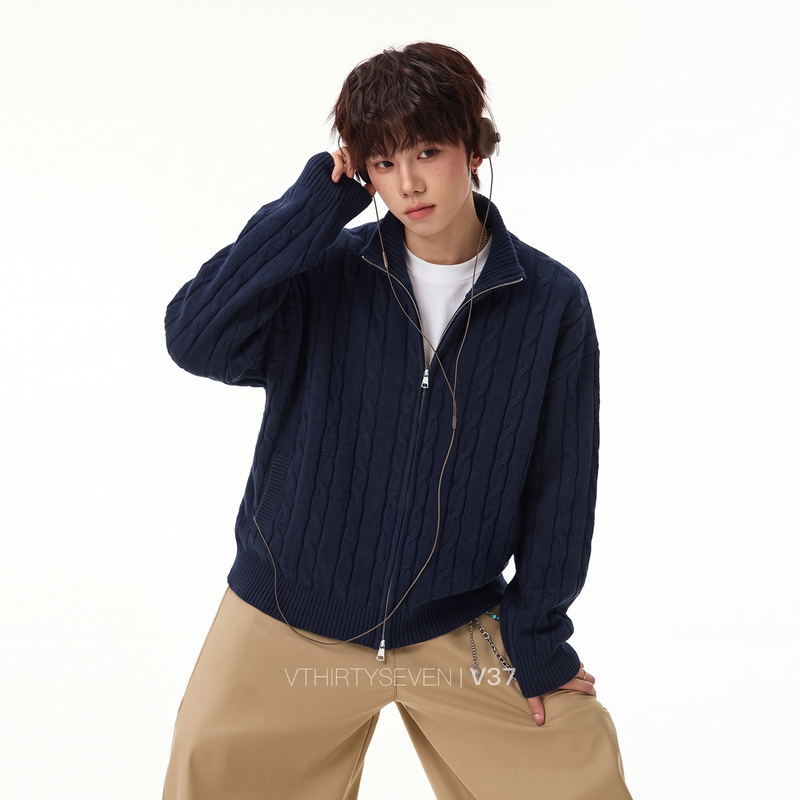 V37 American Style Double Zipper Cable Knit Stand Collar Sweater for Men, Autumn ins Trendy Brand Loose Casual Knit Cardigan Jacket V37 American Style Double Zipper Cable Knit Stand Collar Sweater for Men, Autumn ins Trendy Brand Loose Casual Knit Cardigan Jacket