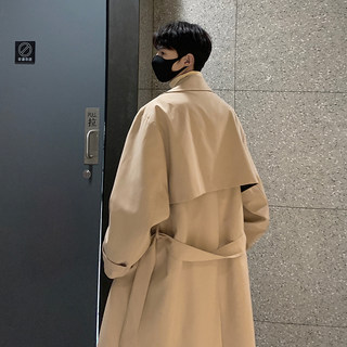 Korean mid-length khaki windbreaker jacket for men