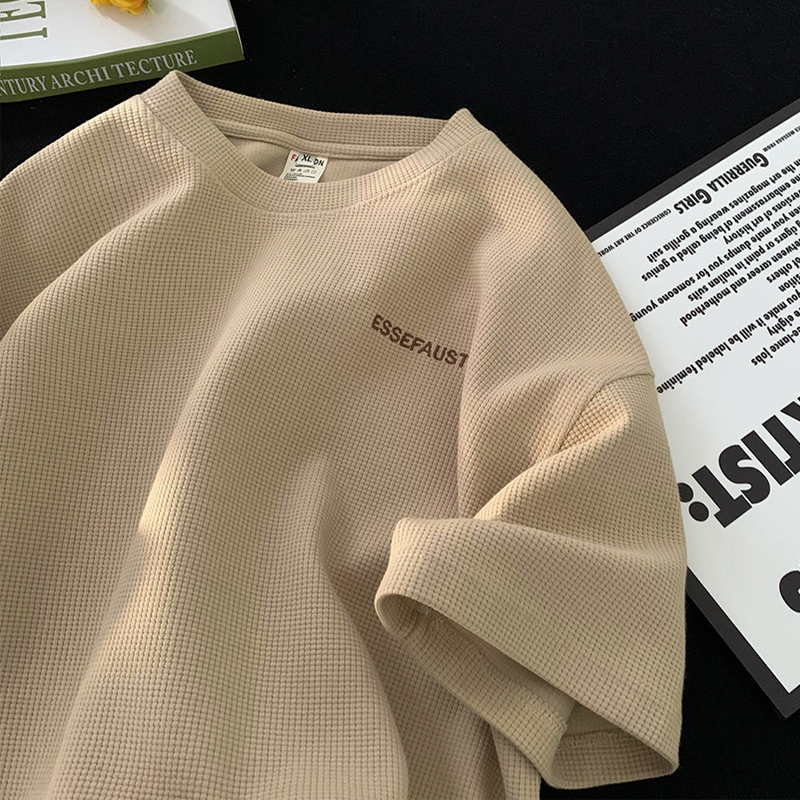 ワッフル半袖Tシャツメンズ夏2025新トレンドラウンドネック半袖トップスゆったり五分袖Tシャツ