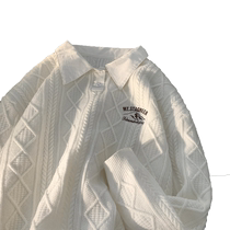 American contrasting color lapel sweater for men spring and autumn 2024 new youth high-end lazy style contrasting color sweater