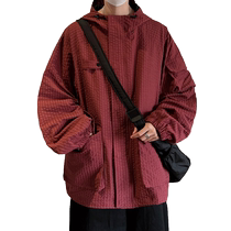 Burgundy American Retro Hooded Jacket Mens 2024 Spring Niche Personalized Design Casual Jacket