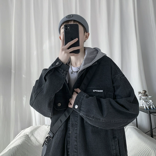 Мужская трендовая модная джинсовая куртка с капюшоном, в корейском стиле, оверсайз, осенняя