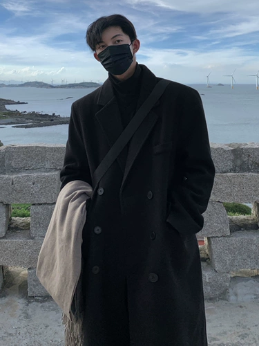 Черная цветная длинная шерстяная куртка, шерстяной осенний элитный плащ в английском стиле, в британском стиле