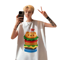 Trendy brand heavyweight vest mens summer new pattern printed suede sleeveless t-shirt teenagers round neck top