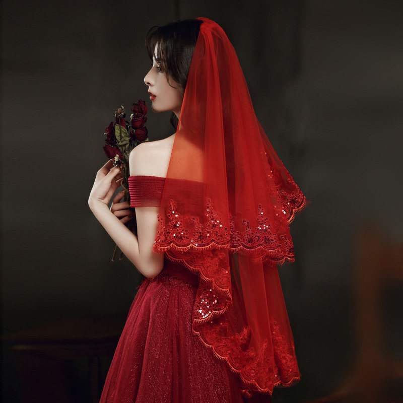 Red veil, bridal red hijab, wedding veil, retro style chinoiserie