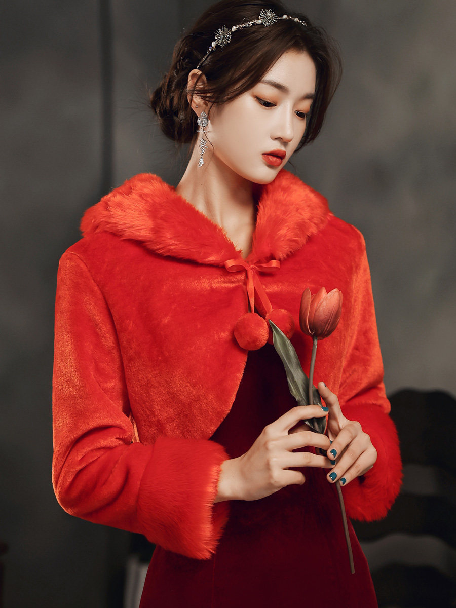 Toast evening dress shawl Cheongsam red winter wedding bridal gift ceremony performance jacket Long sleeve warm cloak cape