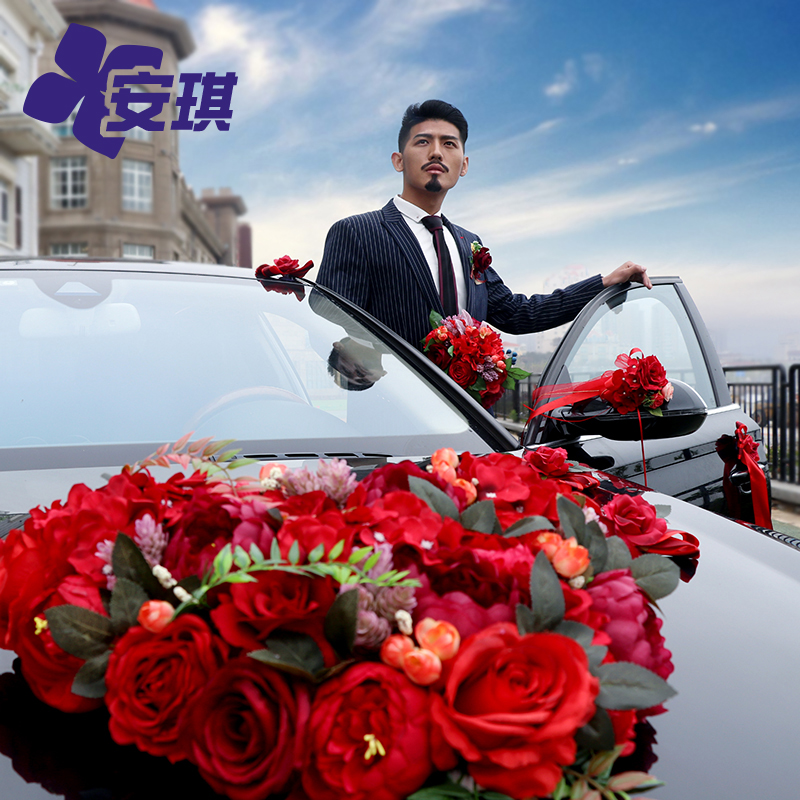 Angel wedding car decoration set to increase Chinese wedding ceremony main car floral headdress creative custom simulation Red Rose Peony