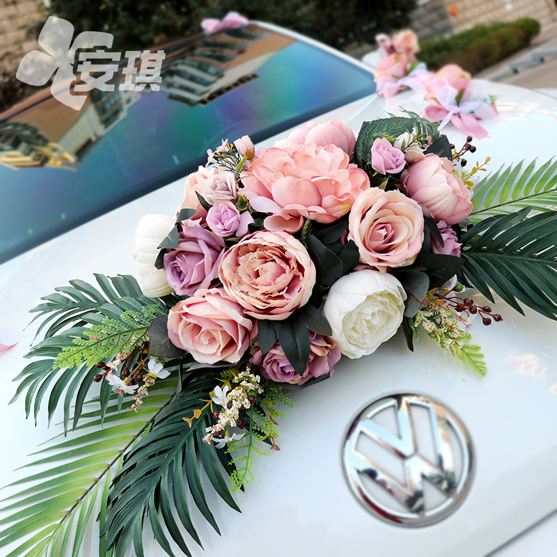 European vintage flower wedding car decoration set lotus powder theme wedding wedding welcoming flower team realistic simulation green leaf bamboo