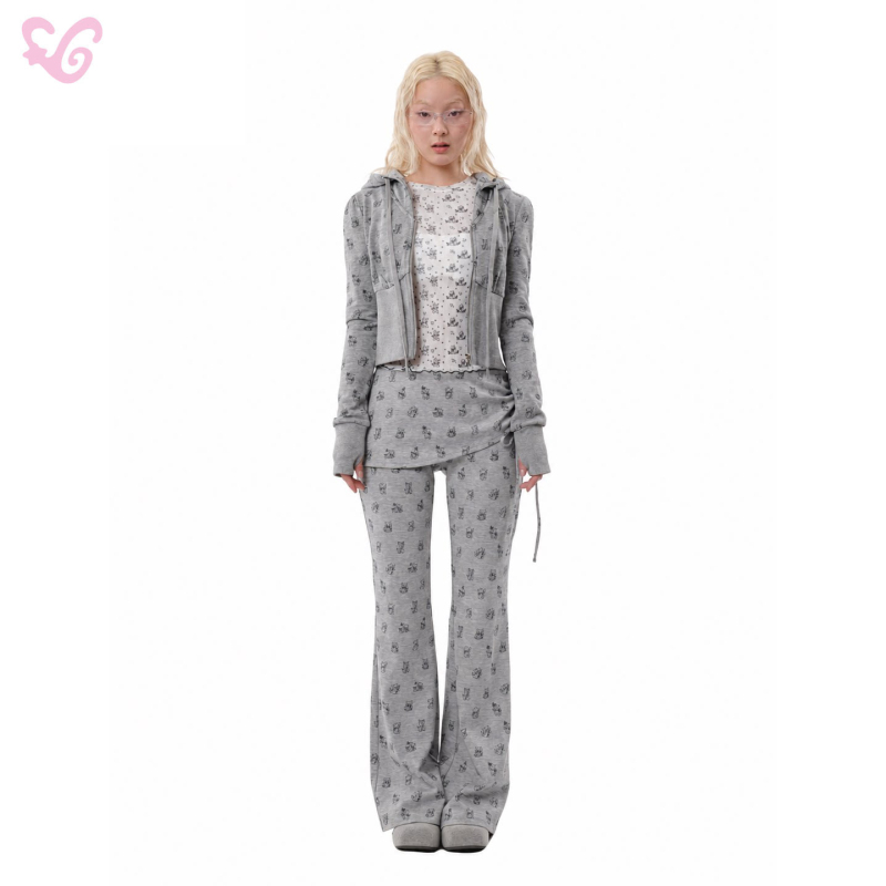 Mof Gift Shop Kitten Print Polka Dot Hooded Short Sweatshirt Outerwear Set Gray Slim Fit Skirt Pants Slim Fit Autumn