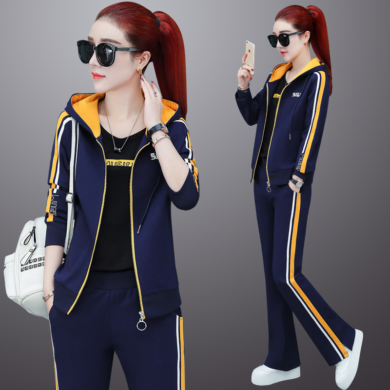 Sports suit women's autumn 2020 new long-sleeved loose sweater three-piece set fashion casual wide pants sportswear