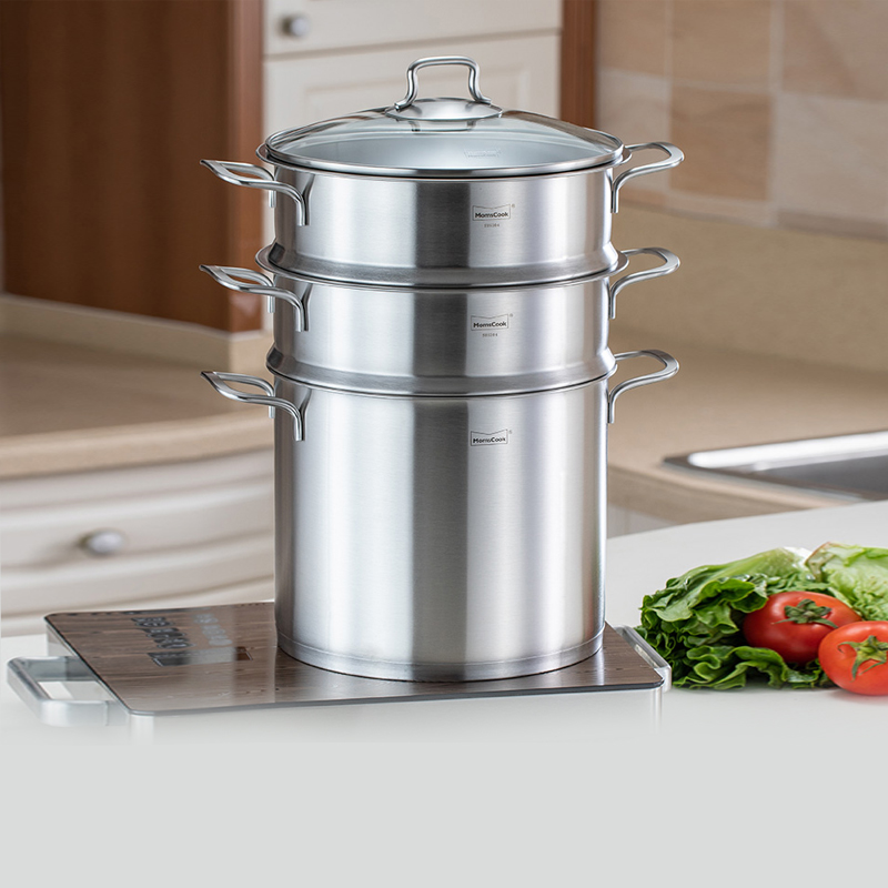Momscook 304 stainless steel steamer household double-layer steamer 2-layer soup pot steamed bun pot 24cm