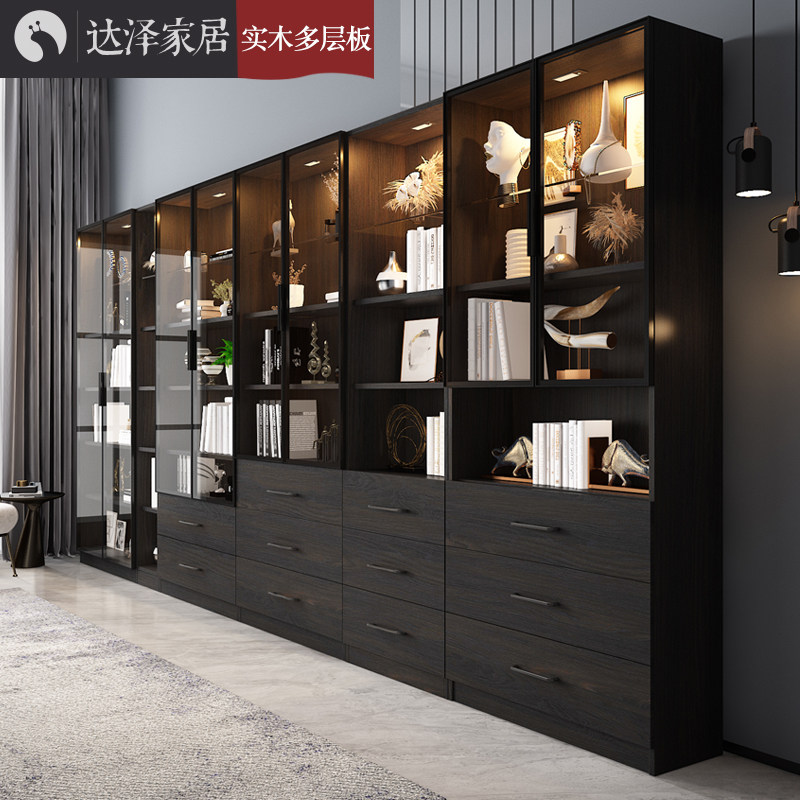 Nordic Solid Wood Glass Door Full Wall Bookcase Bookcase Brief bookcase locker Book room with lamp with drawers customizable 