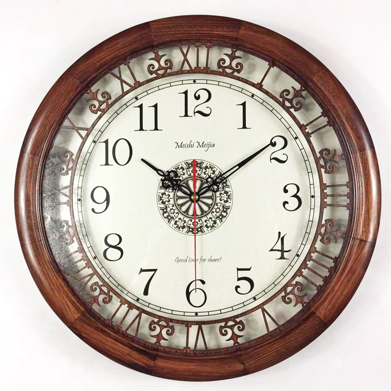 Meishi each round solid wood wall clock silent hollow watch European American retro Chinese wall hanging living room clock