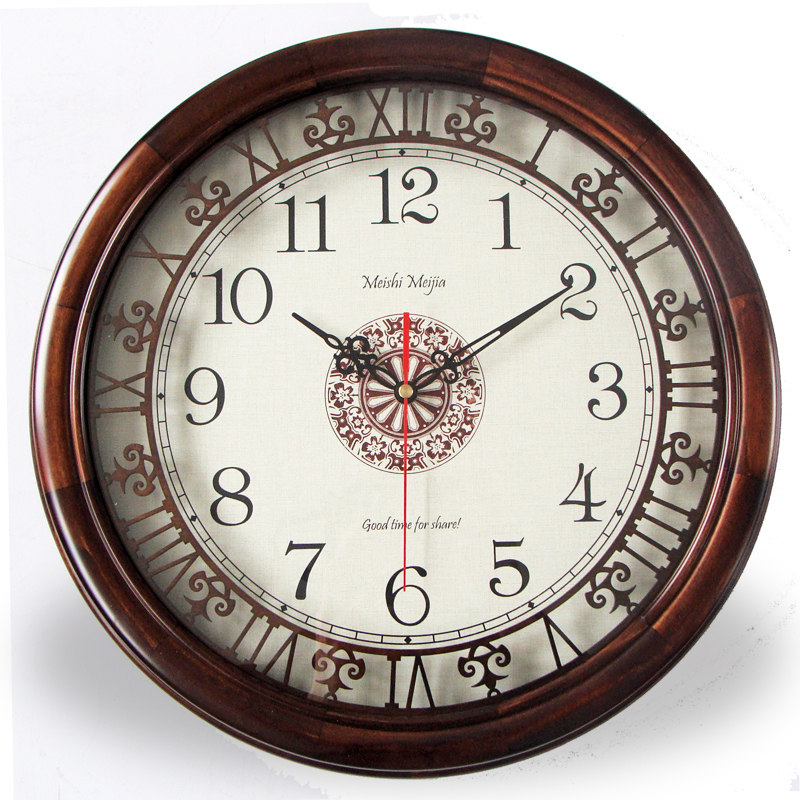 Solid wood mute wall clock American European vintage new Chinese cutout quartz clock large wall clock living room automatic timing