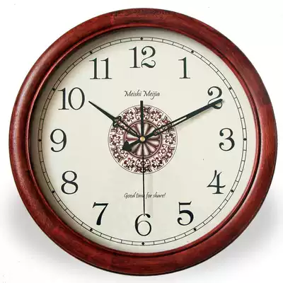 New Chinese style solid wood peach wood classic simple round mute European retro living room quartz wall clock