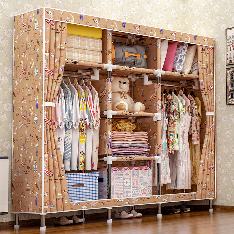 Simple wardrobe Household bedroom cloth wardrobe Coarsely reinforced rental housing with modern simple steel pipe storage hanging cabinet