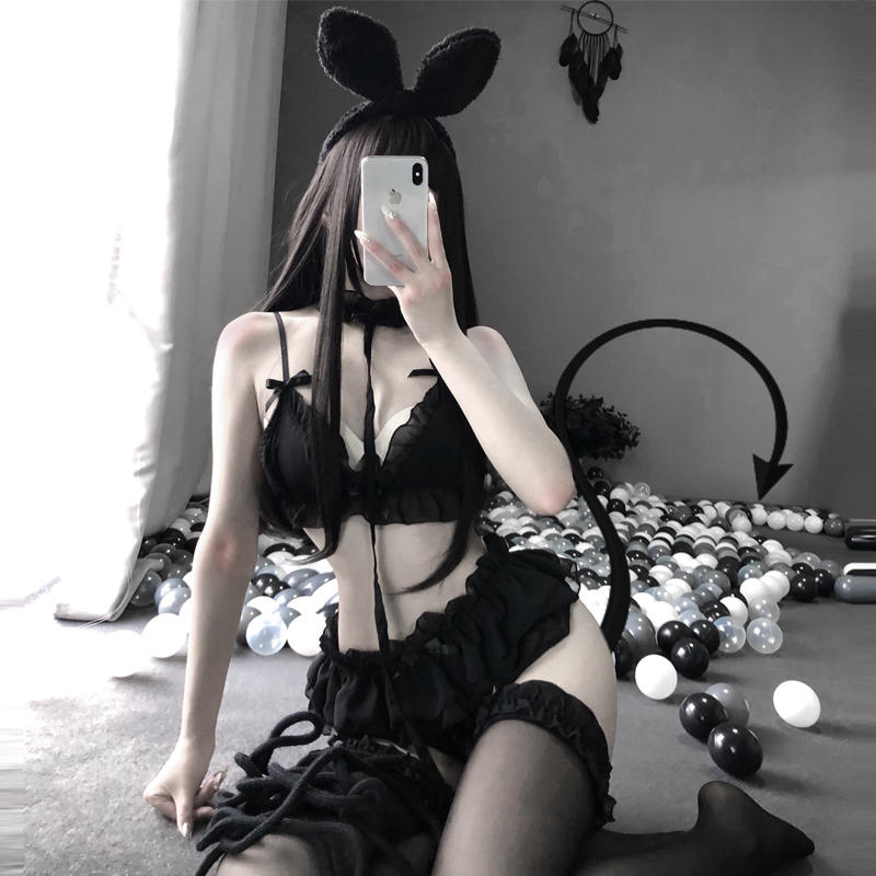 angel sexy pajamas multi-piece set Wooden ear garter lace Cute girl underwear set