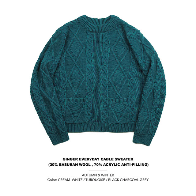 Imayoshi Retro Cable Basalan Wool Round Neck Pullover Sweater Autumn and Winter Classic with British Turquoise Green interior