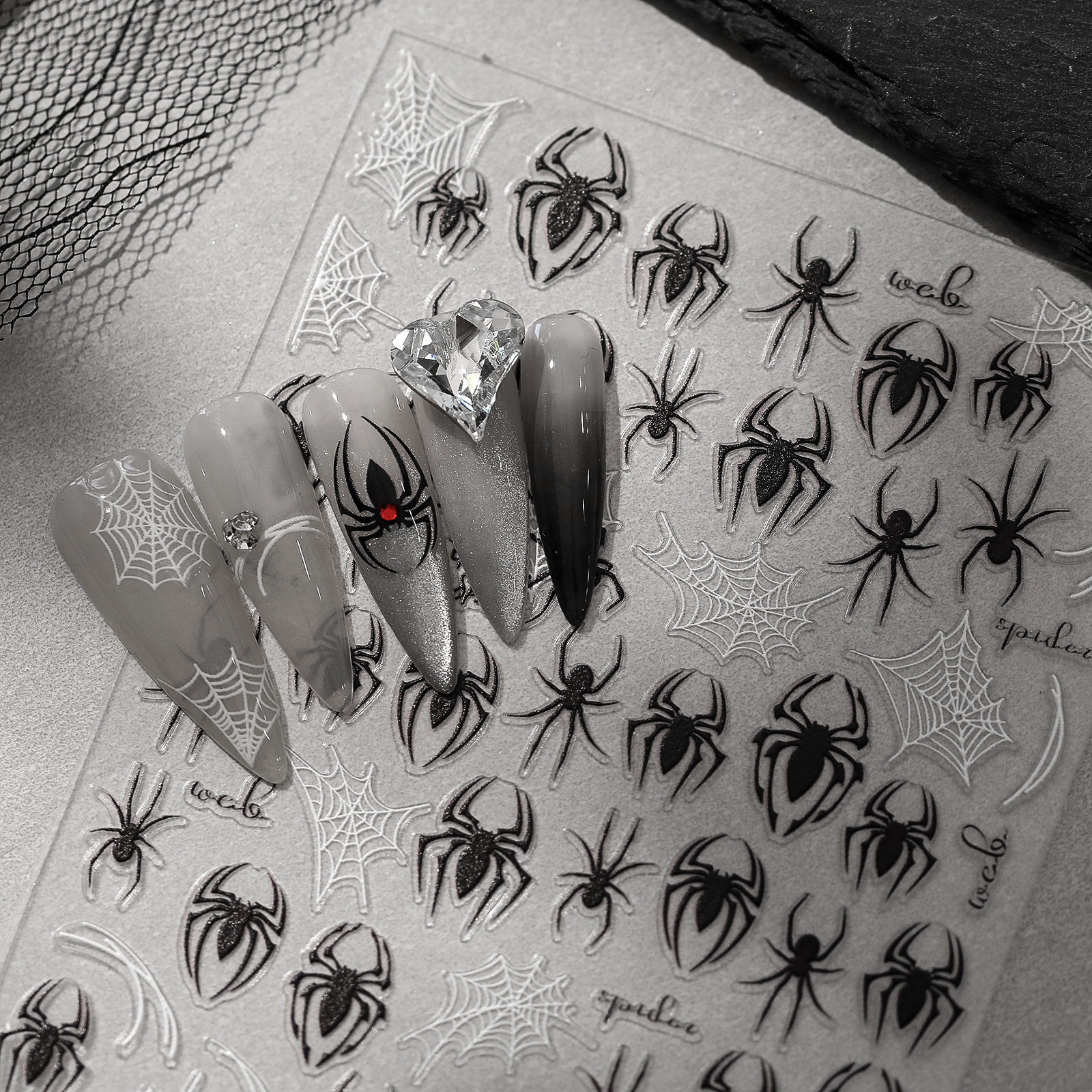 Dark Spider Web Nail Art Decals, Retro Halloween Hollow-out Embossed Spider Web Nail Stickers