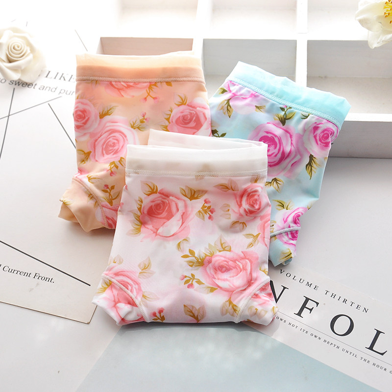 Summer mid-waist ice silk seamless quick-drying panties women's light, soft, breathable and comfortable rose print sexy briefs