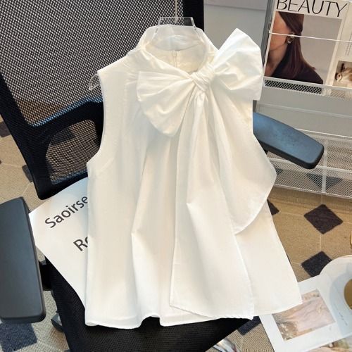 French-Style Rich Girl White Bow Sleeveless Shirt for Women, High-End Design, Loose Fit, Tummy-Covering Tank Top for Summer