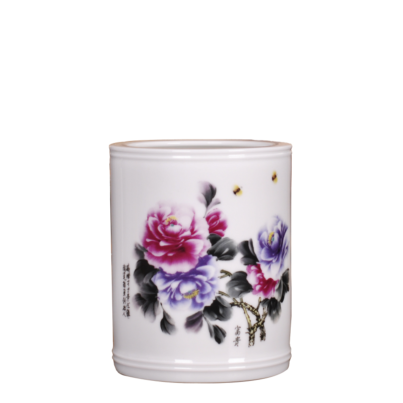 Porcelain, jingdezhen ceramics creative study small brush pot furnishing articles suit household qi PeiCai riches and honor peony