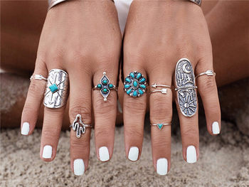 Fashion Retro Ethnic Style European and American Exaggerated Carved Set Joint Ring Female Ring Jewelry Tibetan Tibetan Vintage