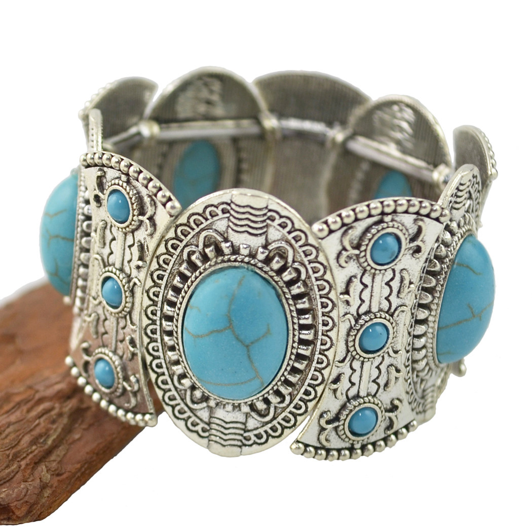 Nepal retro green pine stone bracelet handmade female wide jewellery Tibetan Tibetan hand ring ancient with vintage silver