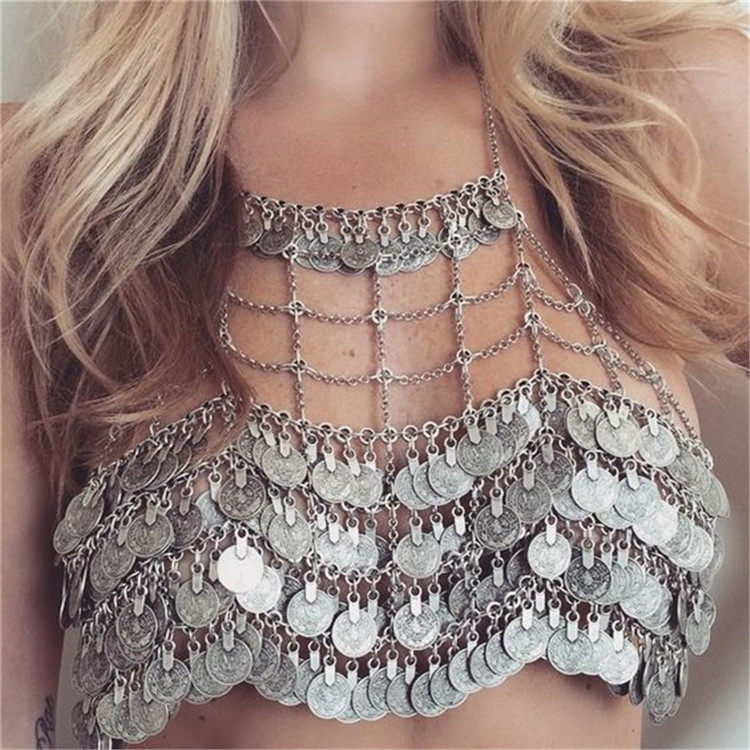 European and American personality ornament metal multilayer numismatic flow suchlink bikini body chain hanging neck necklace sexy light body
