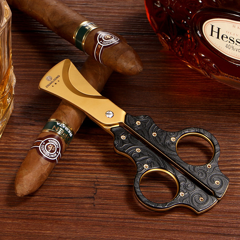 CIGARLOONG EGGPLANT Cigar Cut Stainless Steel Cigar Knife Wave Pattern Matching Bull Leather Knife Set Cigar Scissors