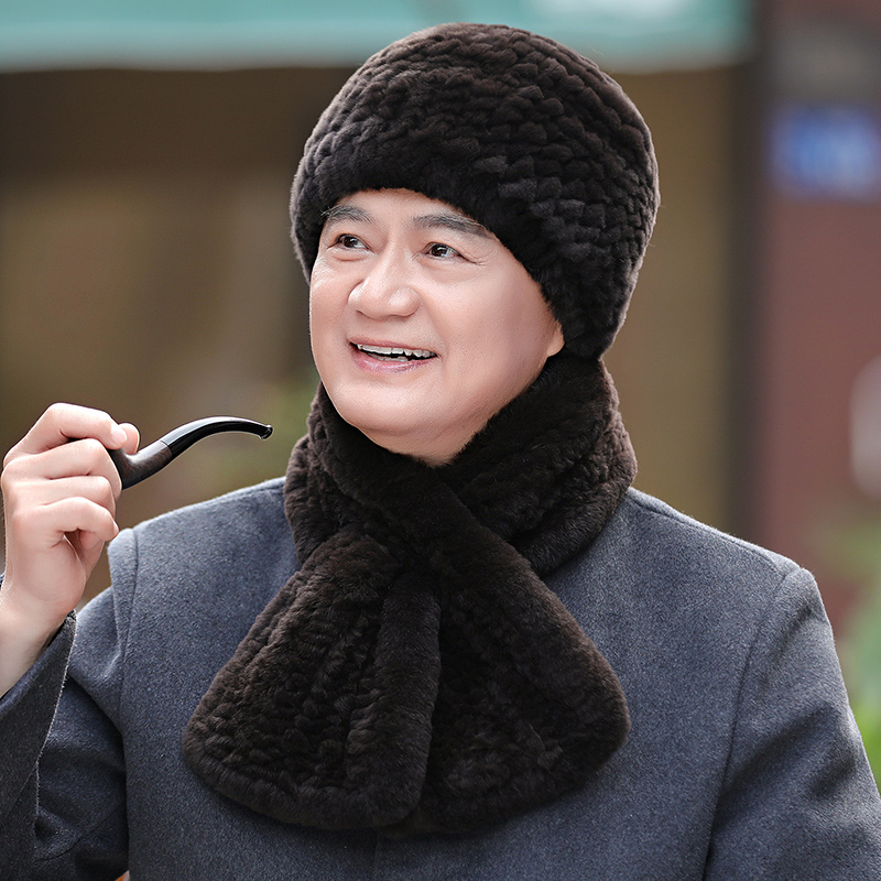 Middle-aged man daddy hat autumn and winter man Rex Rabbit fur hat scarf keeps warm and thickens old father