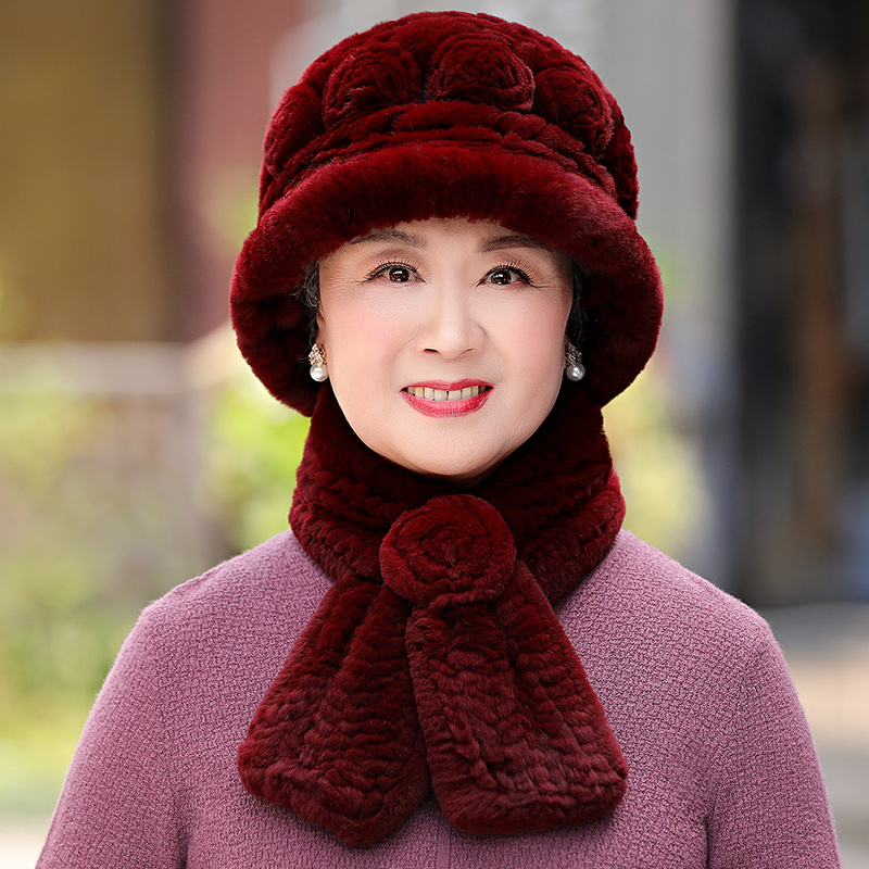 New middle-aged and elderly hat elderly Rex rabbit fur outdoor female winter fur hat mother hat grandma hat to keep warm