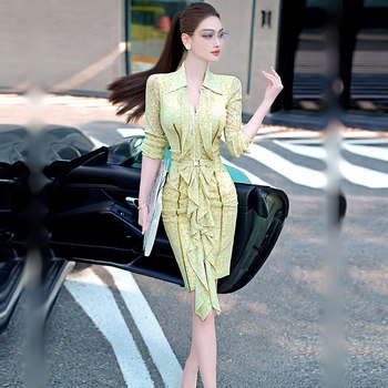 Vje summer leopard mesh jacquard style ruffled waist dress 2025 new feminine shirt skirt