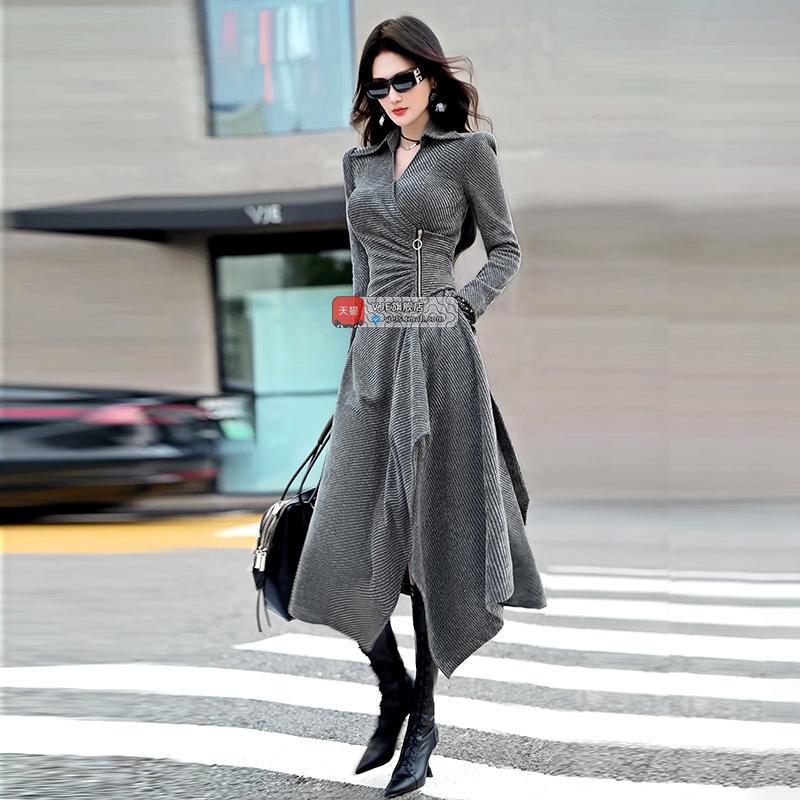 Vje Designer Autumn and Winter Irregular Hem Shirt Dress New Over-The-Knee Striped Slit Long Dress Vje Designer Autumn and Winter Irregular Hem Shirt Dress New Over-The-Knee Striped Slit Long Dress